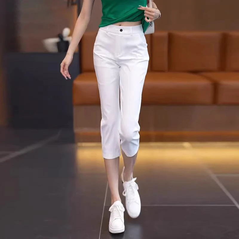 拉夏贝尔白色八分裤女夏季薄款2025年高腰显瘦休闲哈伦小脚烟管裤