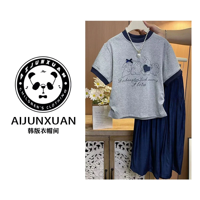 【专属定制】2025韩版~女童夏季新款小清新萌兔短袖休闲裤套装8833