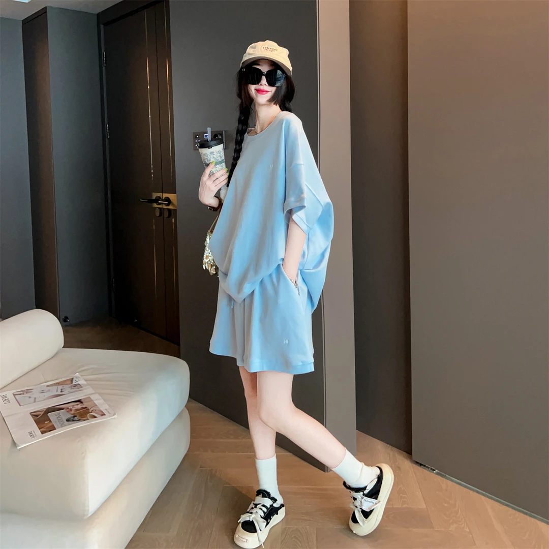 2-300斤加大码休闲短袖T恤短裤两件套男女款夏季宽松百搭情侣套装