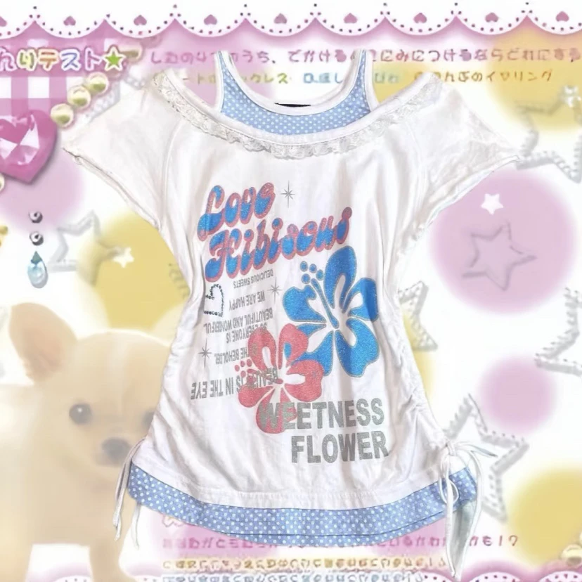 复古千禧蓝白撞色修身假两件抽绳短袖y2k亚文化千禧辣妹T恤