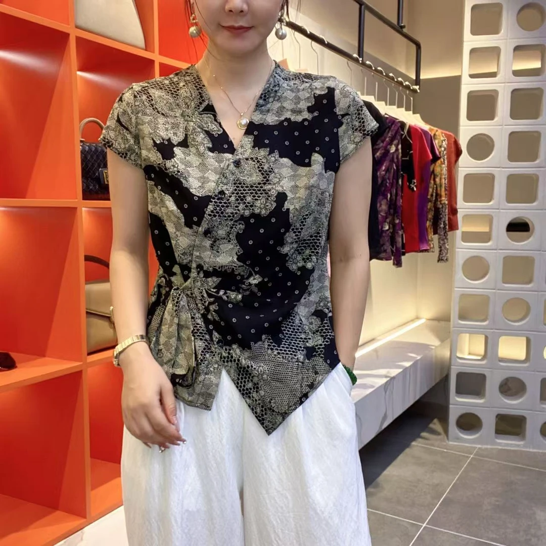 2025夏季时尚短袖V领花色休闲气质显瘦百搭遮肚女装妈妈装87