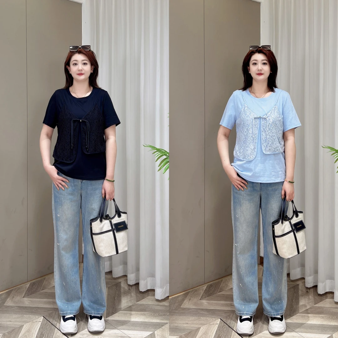 【上新】PDM22092夏季新款时尚百搭显瘦休闲拼接蕾丝假两件T恤