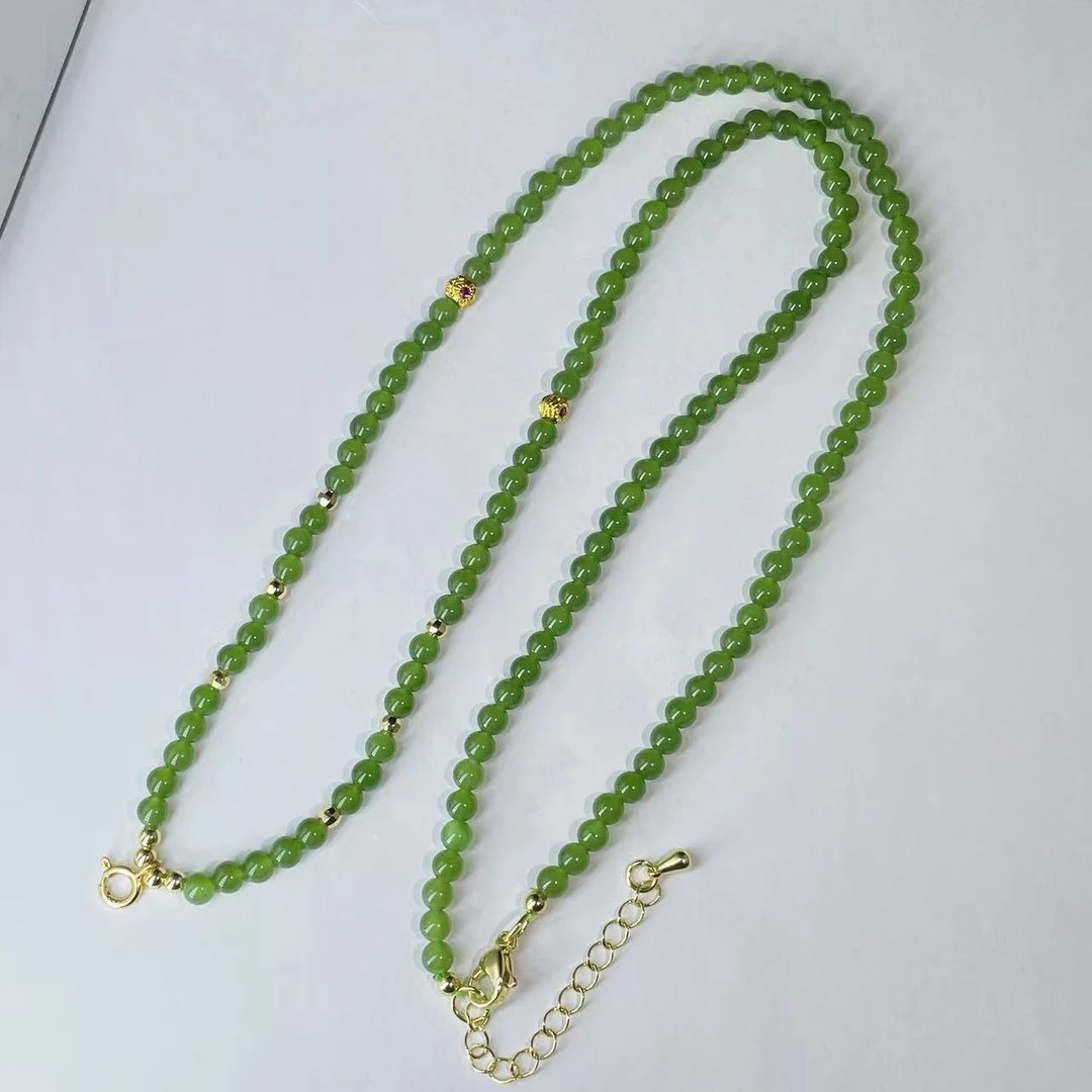 和田玉俄料老坑碧玉满绿圆珠4M项链珠链女款设计款毛衣链保真天然