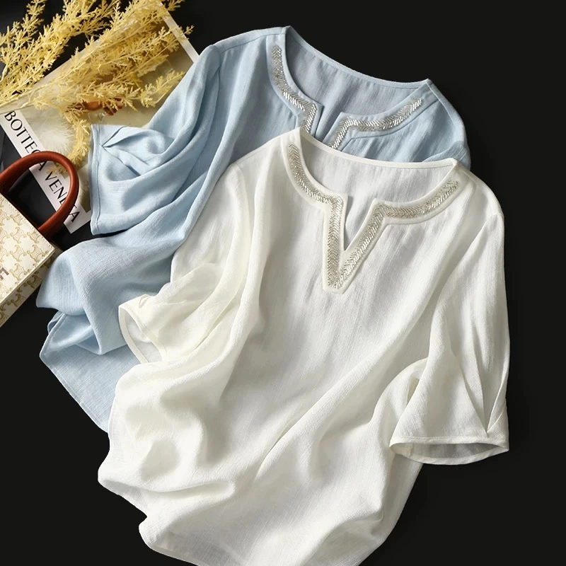 【仟娜】舒适感满分~法式V领镶钻气质纯色减龄洋气短袖SY72T7219