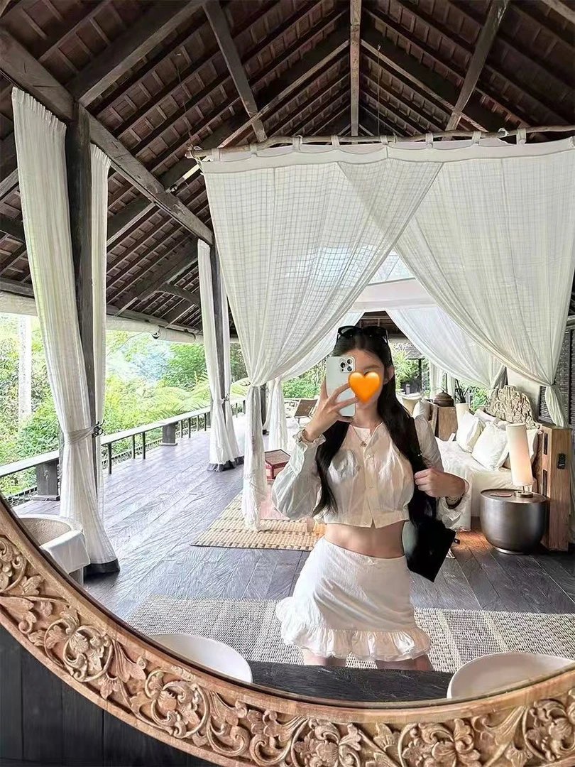 初恋小白花!短款衬衫上衣蝴蝶结下摆花边短裙辣妹套装女2025新款