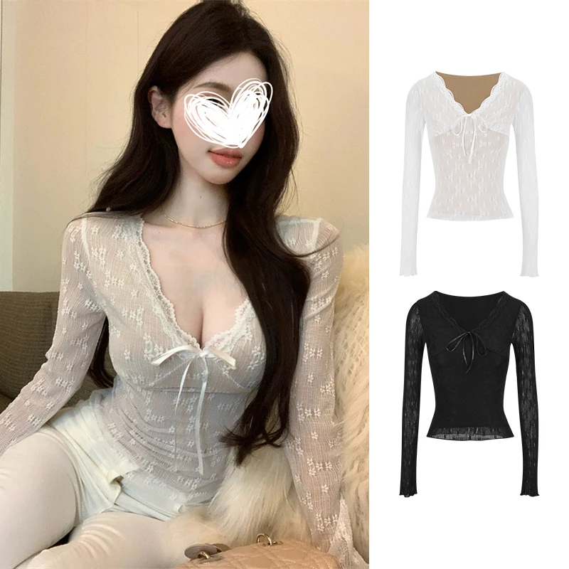 2025秋冬纯欲性感蝴蝶结V领蕾丝衫薄绒保暖显瘦短款辣妹长袖上衣