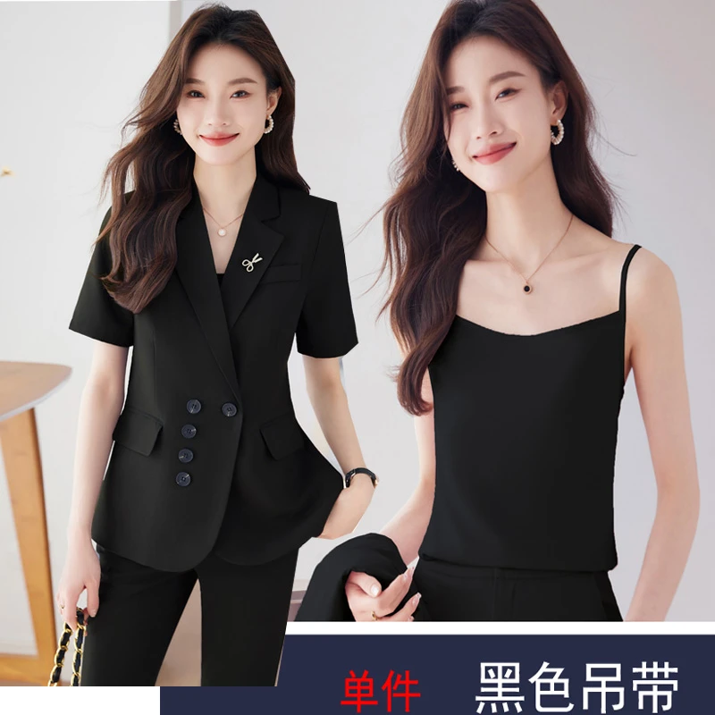 英伦风西装外套短袖夏季2025新款女士率性吊带背心三件套西服百搭