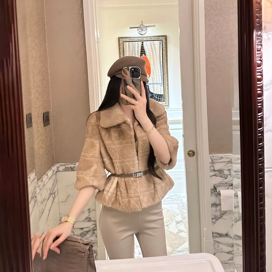 SX善喜丹麦进口紫标翻领七分袖水貂皮草外套女高奢洋气时尚宽松冬