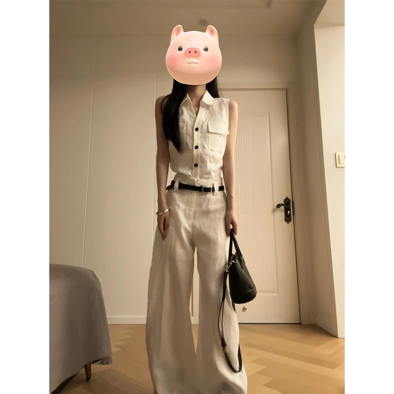 夏季一整套穿搭老钱风无袖短款V领马甲百搭上衣女百搭长裤两件套
