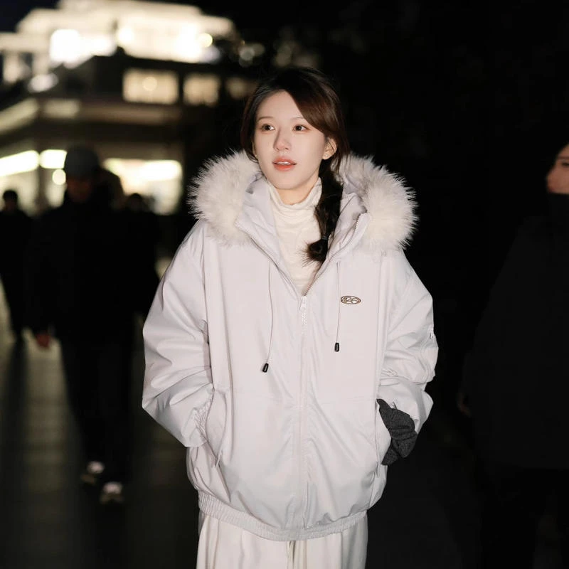 大毛领工装女2025新款冬季保暖加绒加厚明星同款棉袄外套百搭