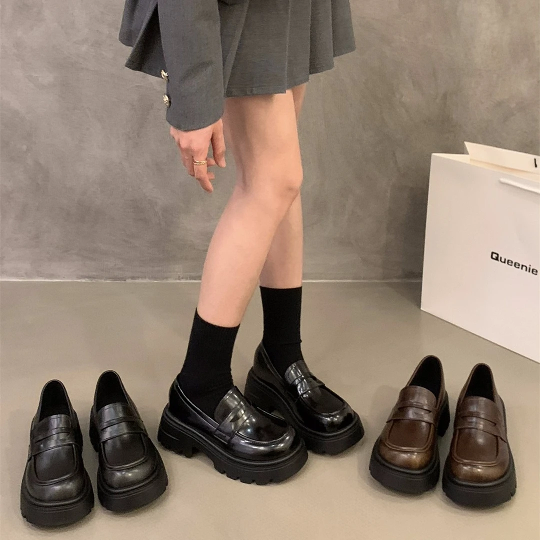 厚底小个子增高黑色新款英伦风小皮鞋女鞋子春配裙子乐福单鞋