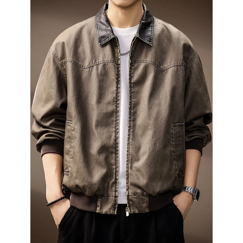 高端时尚百搭工装夹克男士秋季新款棉复古宽松休闲翻领外套男
