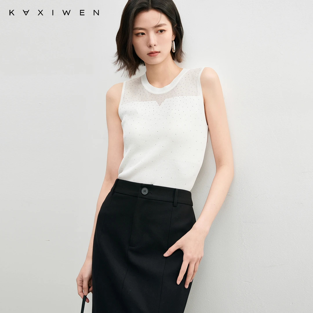 佧茜文时尚烫钻拼接针织背心【春秋】网纱轻薄修身上衣女D02CZW5543