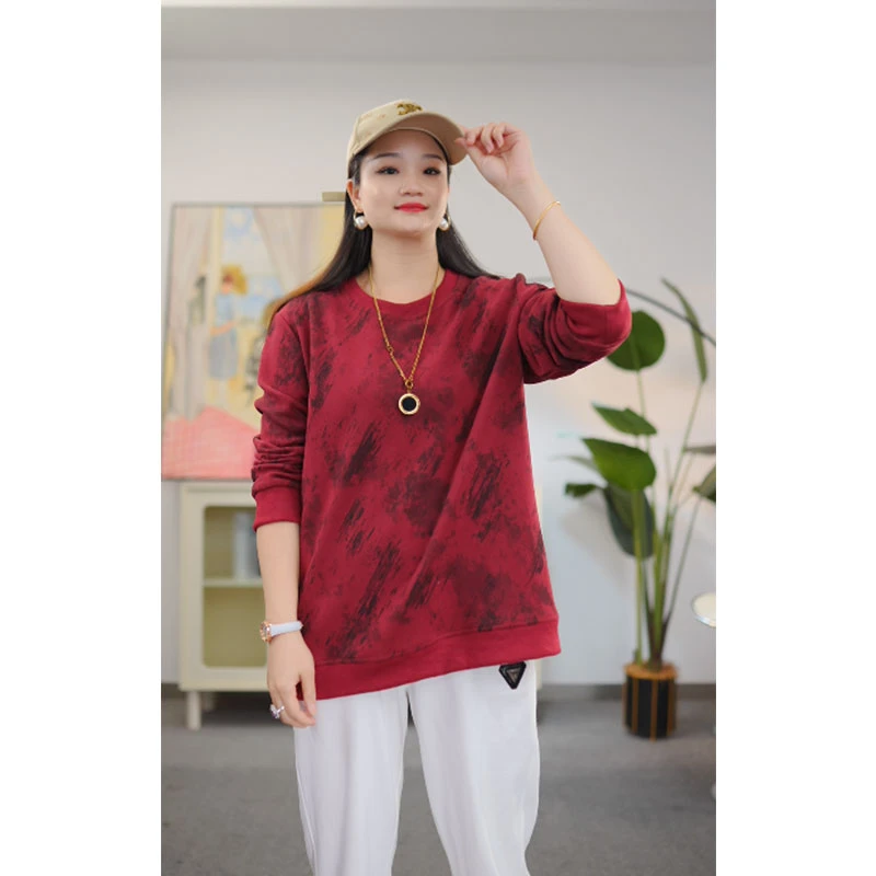 歌帛语大码女装长袖百搭女卫衣春秋时尚红色款轻职风圆领T恤