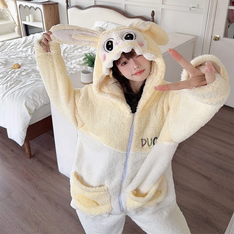 黄色拉布布连体睡衣女新款冬季珊瑚绒加厚卡通学生舒棉绒家居服天