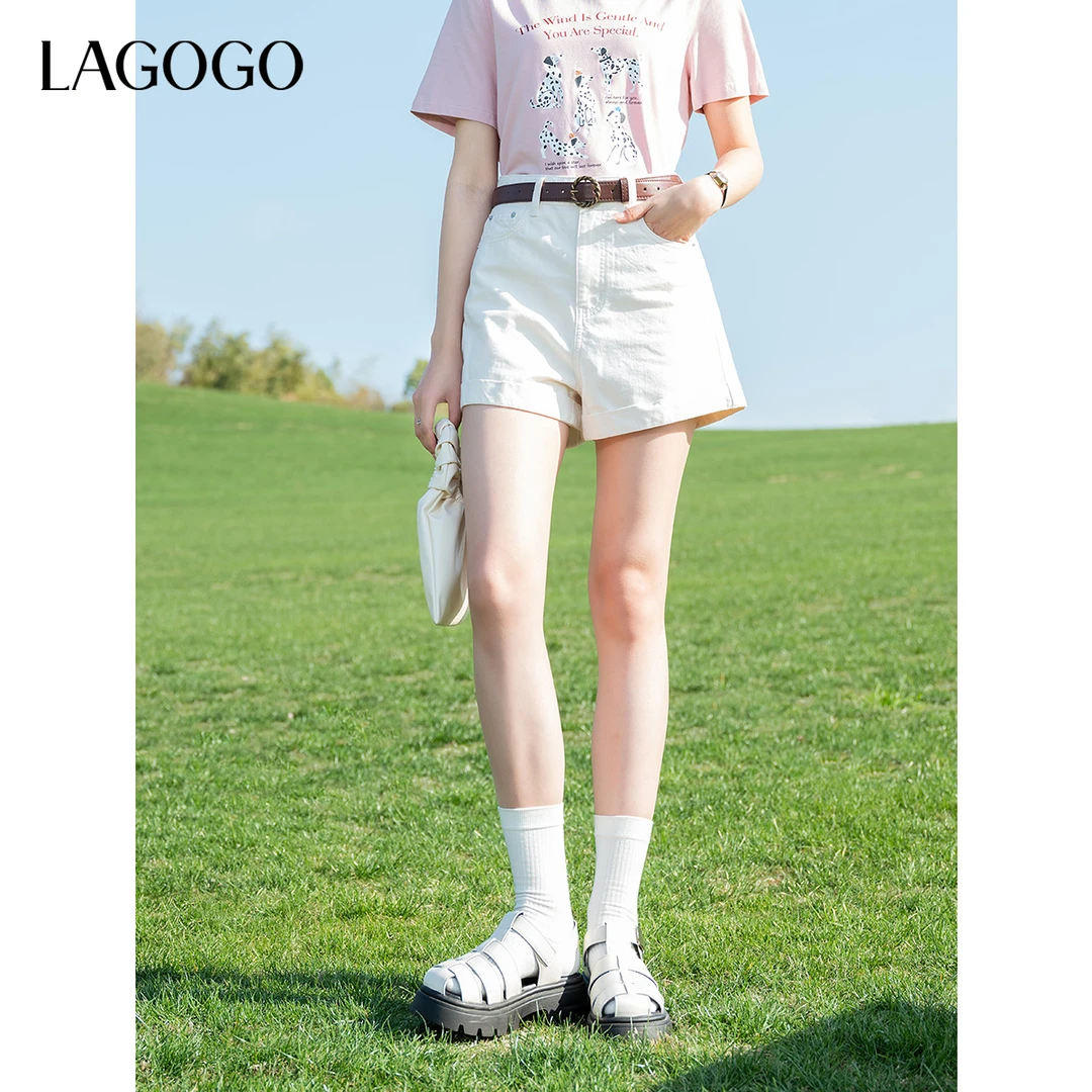lagogo拉谷谷2025年新款清爽米白纯棉百搭牛仔裤女OANN134G14