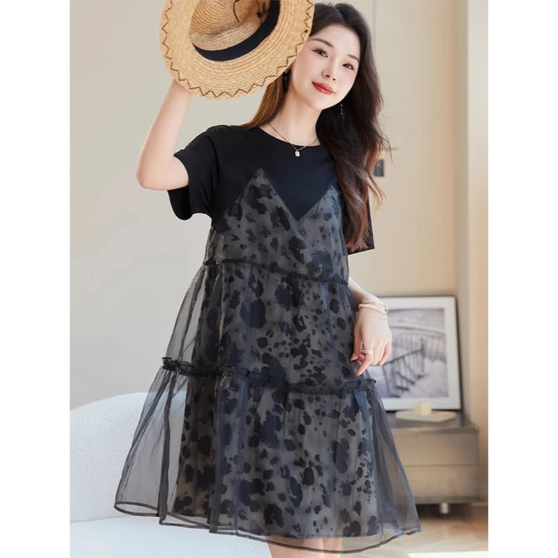 假两件拼接连衣裙春秋季2025新款韩版设计感显瘦薄款遮肚子中长裙