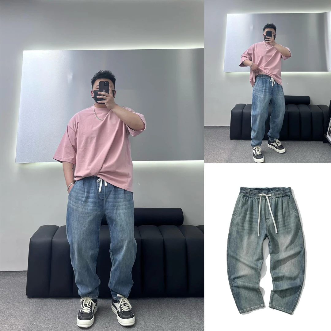 【852】加大码春夏水洗蓝牛 美式宽松复古牛仔裤直筒微锥大裆部