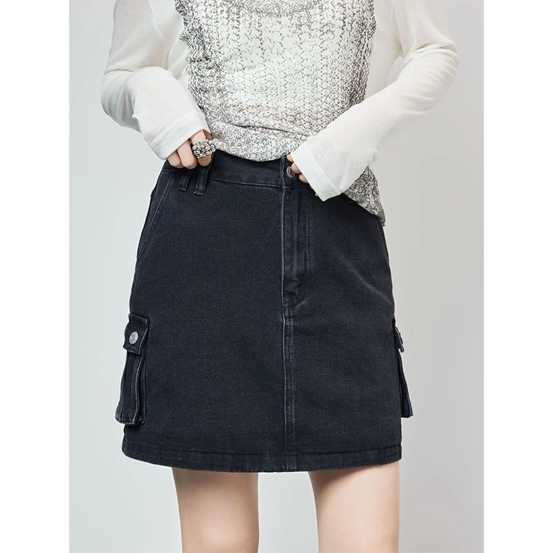 A美洋MEIYANG大口袋半裙斜纹帅酷百搭工装A字牛仔短裙-周四