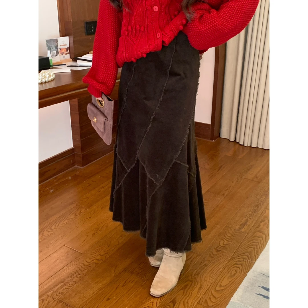 李潇洒【流浪诗人】微胖冬不规则分割鱼尾摆美拉德咖色灯芯绒半身裙