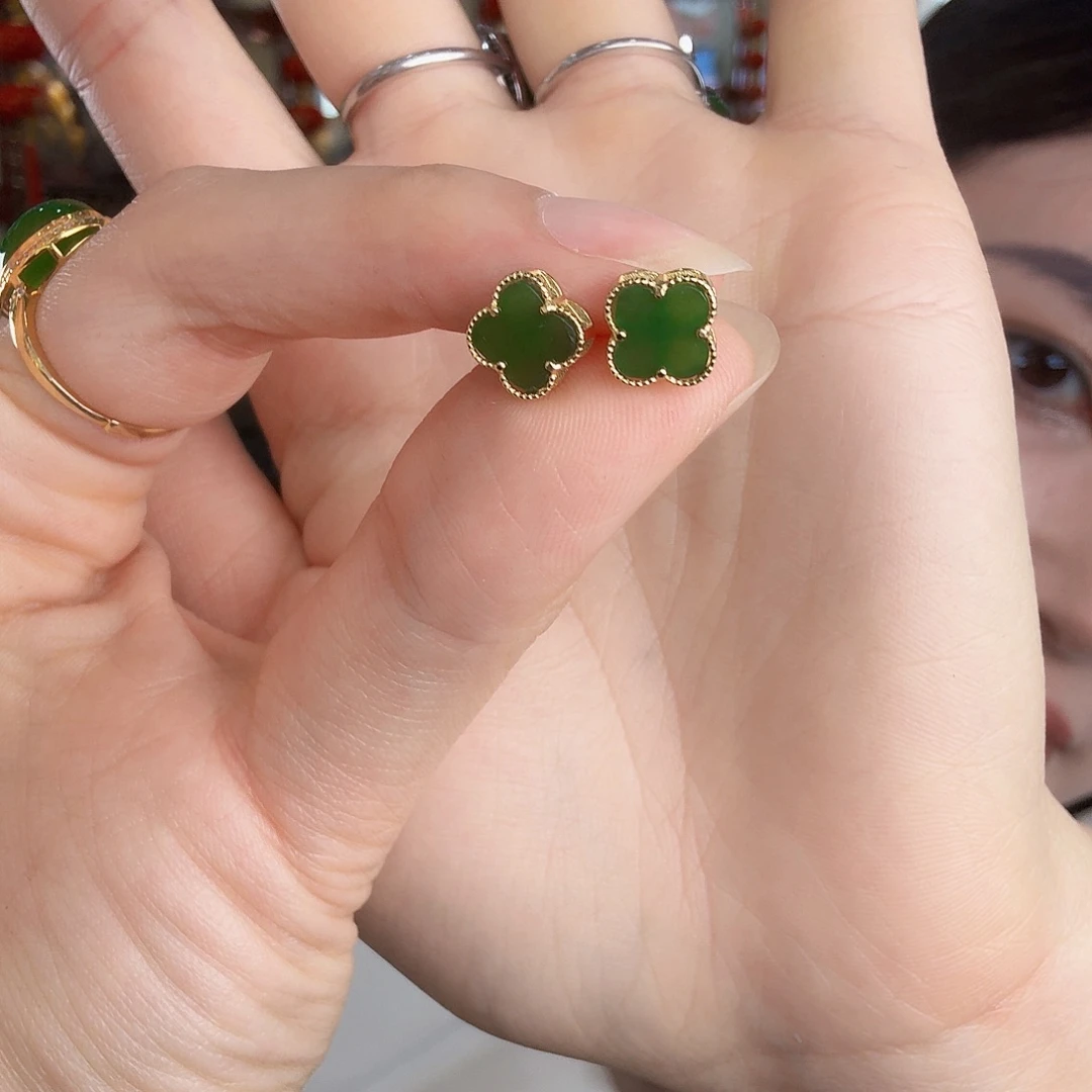 和田玉（碧玉）银S925镶嵌耳饰