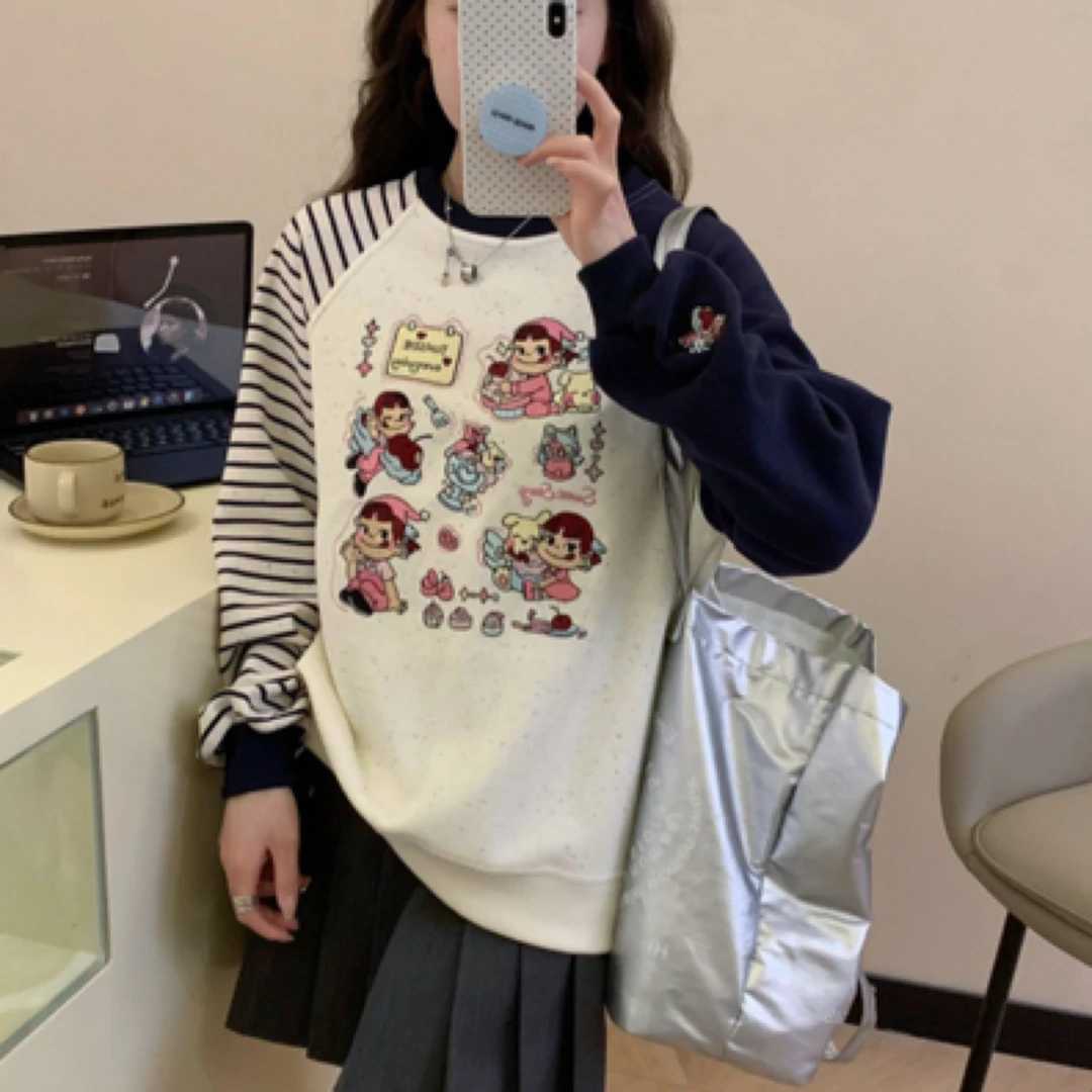 25春季新款不二妹圆领插肩袖条纹撞色卫衣韩版宽松显瘦上衣