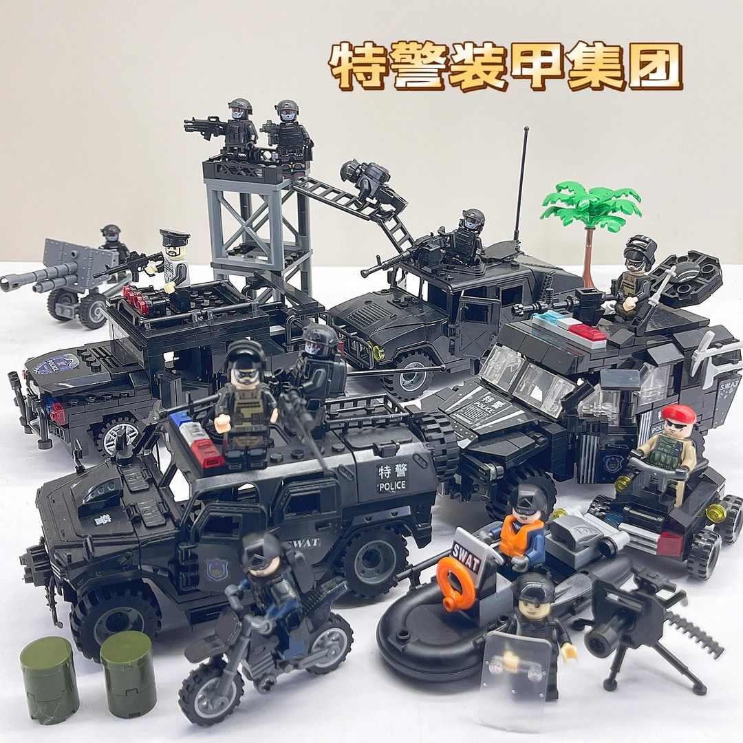 中国积木拼装吉普车军事悍马全套突击特种兵装甲越野车拼装玩具男