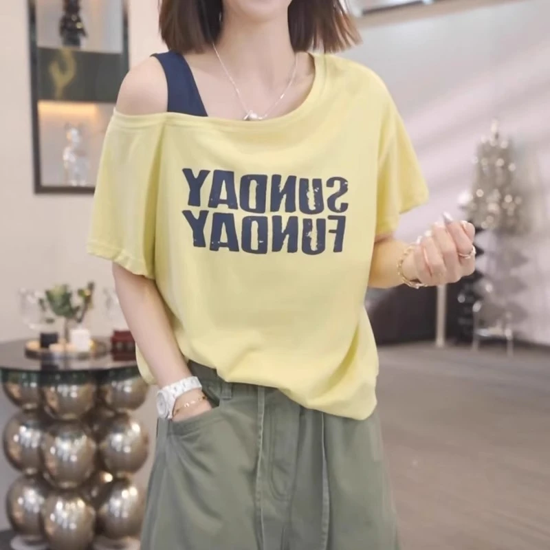 慵懒风宽松露肩上衣2025夏季薄款胖MM大码女装印花斜肩短袖T恤潮