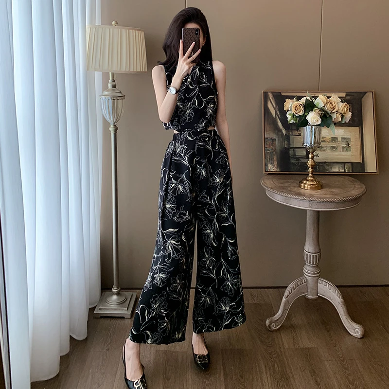 干练气质休闲时尚套装2025新款夏季碎花无袖上衣阔腿裤两件套女装