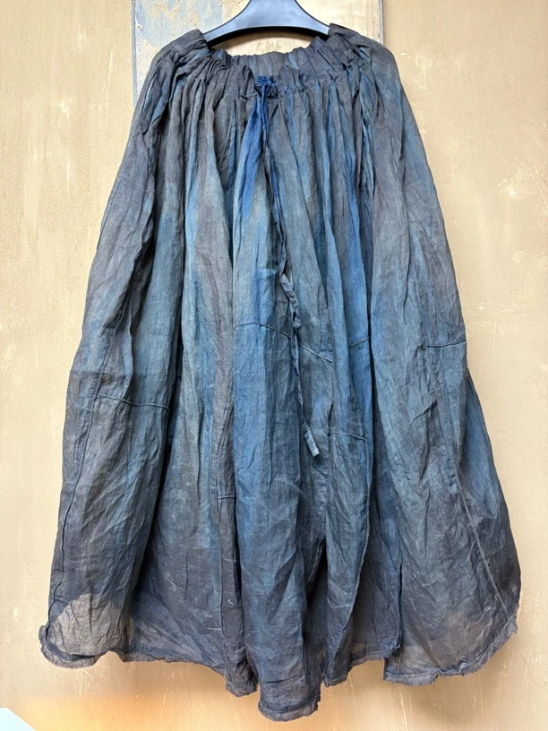 植物染色柿蓝色苎麻半裙（24块拼接裙长85厘米）