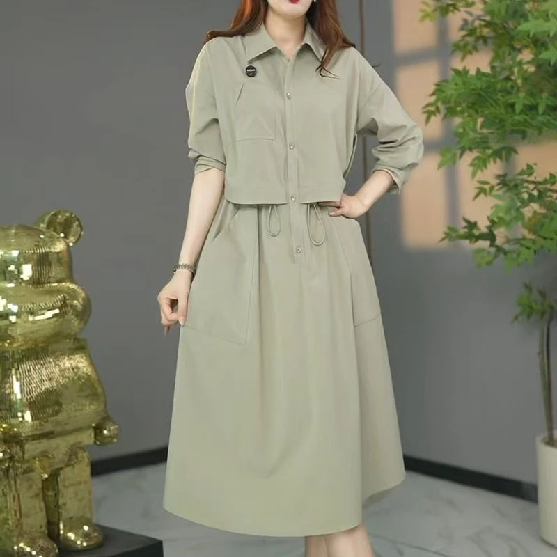 高端品质洋气大码连衣裙2025春夏新款拼接假两件显瘦遮肉中长裙潮