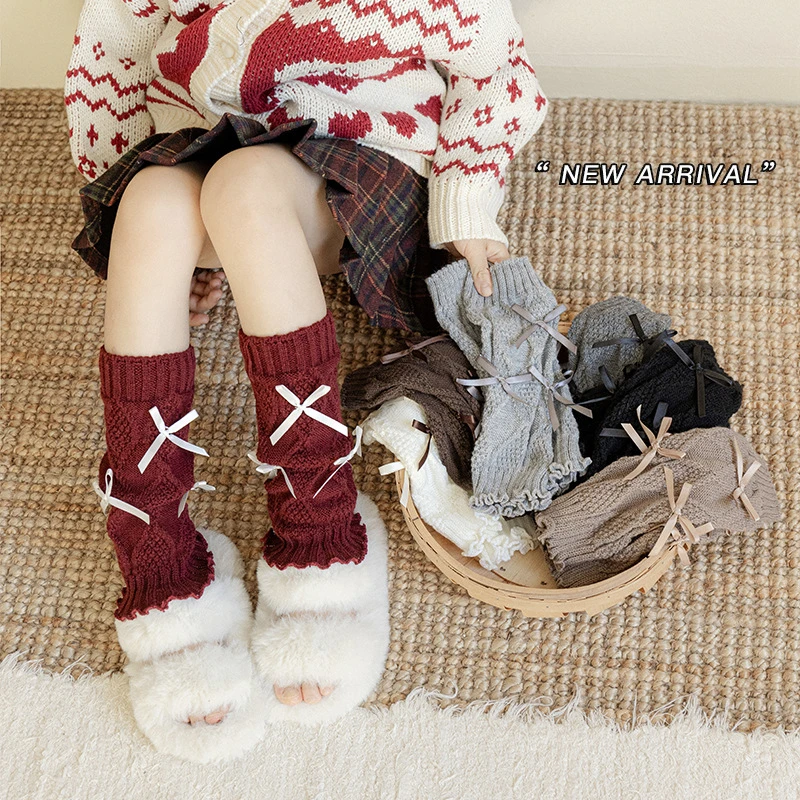 女童袜套秋冬蝴蝶结针织堆堆袜儿童白色中筒袜小女孩百搭小腿袜子