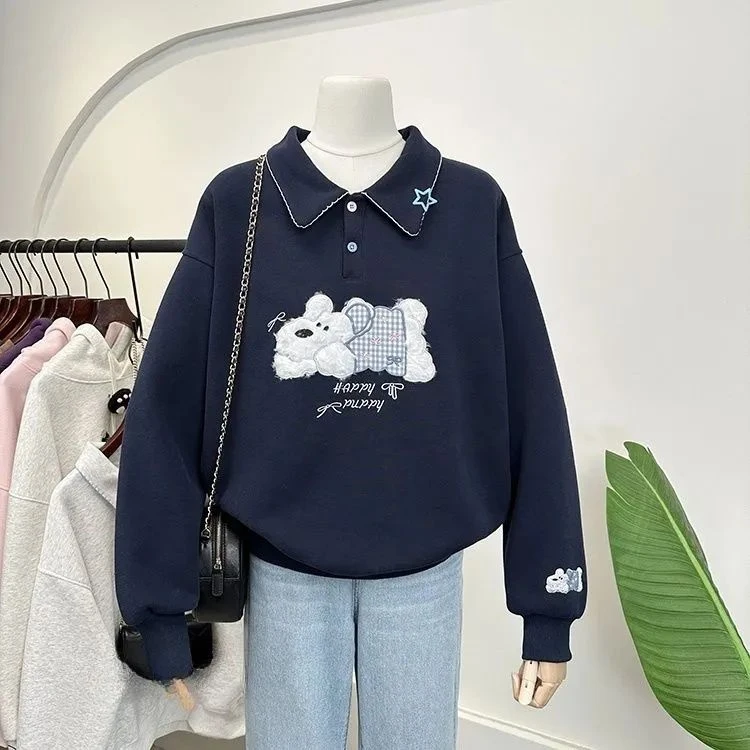 300斤胖mm加绒大码秋冬新款慵懒风刺绣小狗Polo卫衣学生长袖韩版t