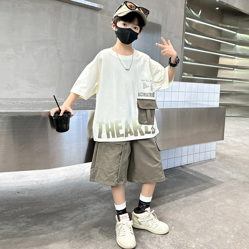 男童中大童夏季帅气上衣口袋字母渐变短袖套装2025新薄款夏装洋气