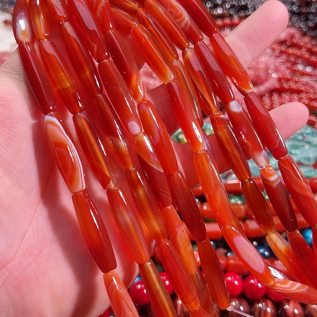 玛瑙/玉髓未镶嵌珠宝半成品红玛瑙六角勒子7x30mm