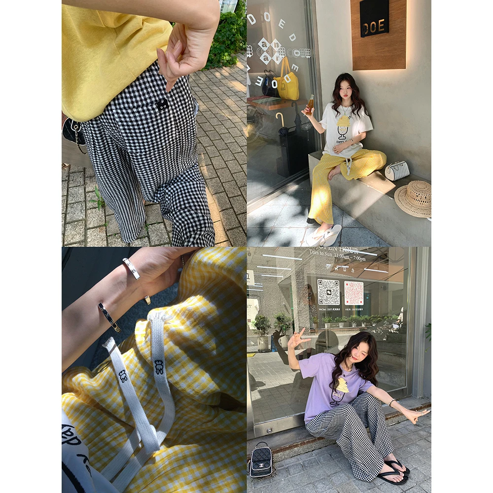 张贝贝 开罗假期 100棉 小猫刺绣 松弛遛弯格子裤