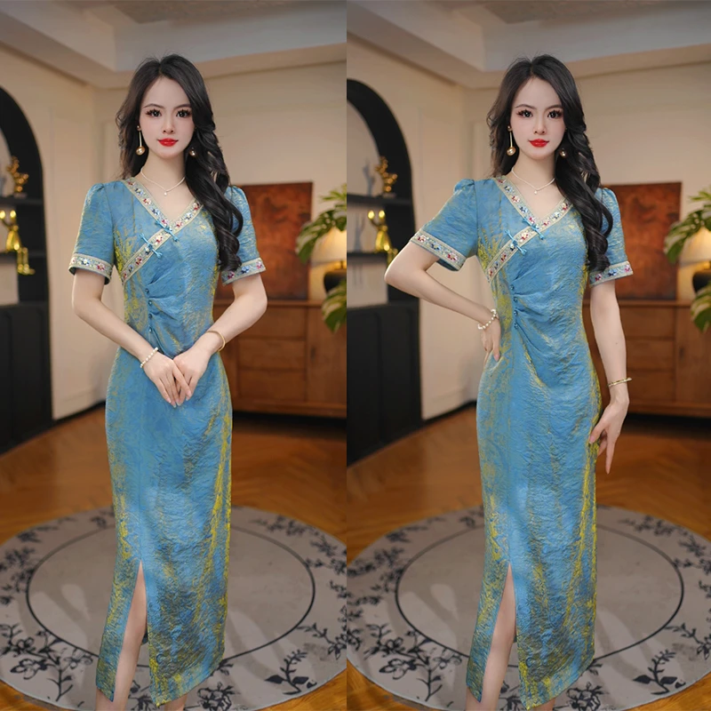 1【蓝皓婉】2025年夏季新款蕾丝拼接旗袍连衣裙气质高端不挑人