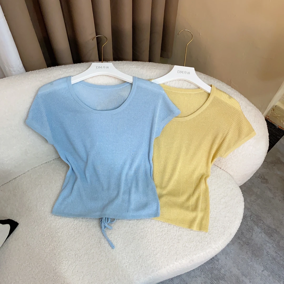 2025新款夏季短袖薄款凉快舒适针织衫后背设计感韩系小上衣洋气