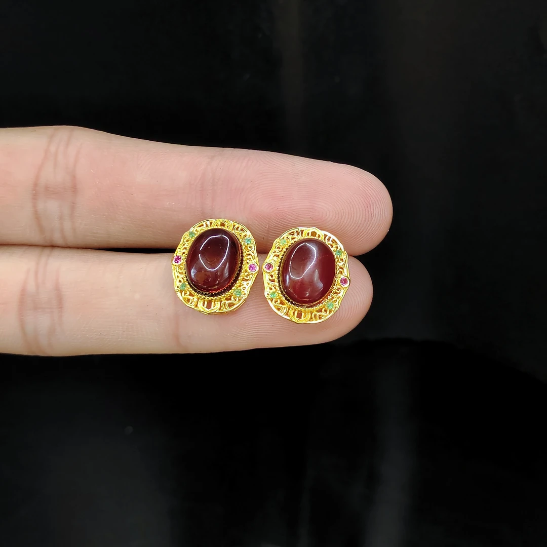 【老三珠宝】琥珀蛋面耳钉XP9【多样性发一对】约9-8mm