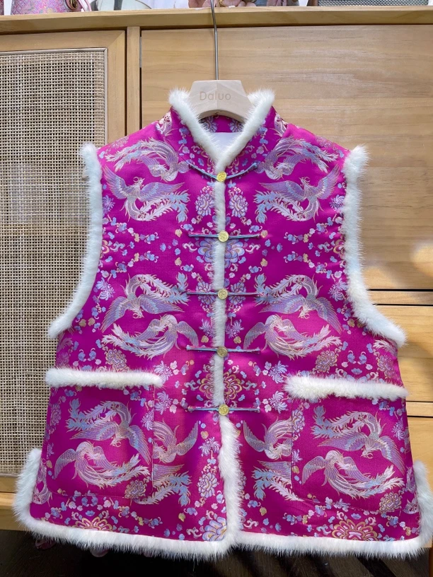 立领对开襟水貂毛45姆米桃红凤凰于飞老宋锦蚕丝棉加厚新中式马甲