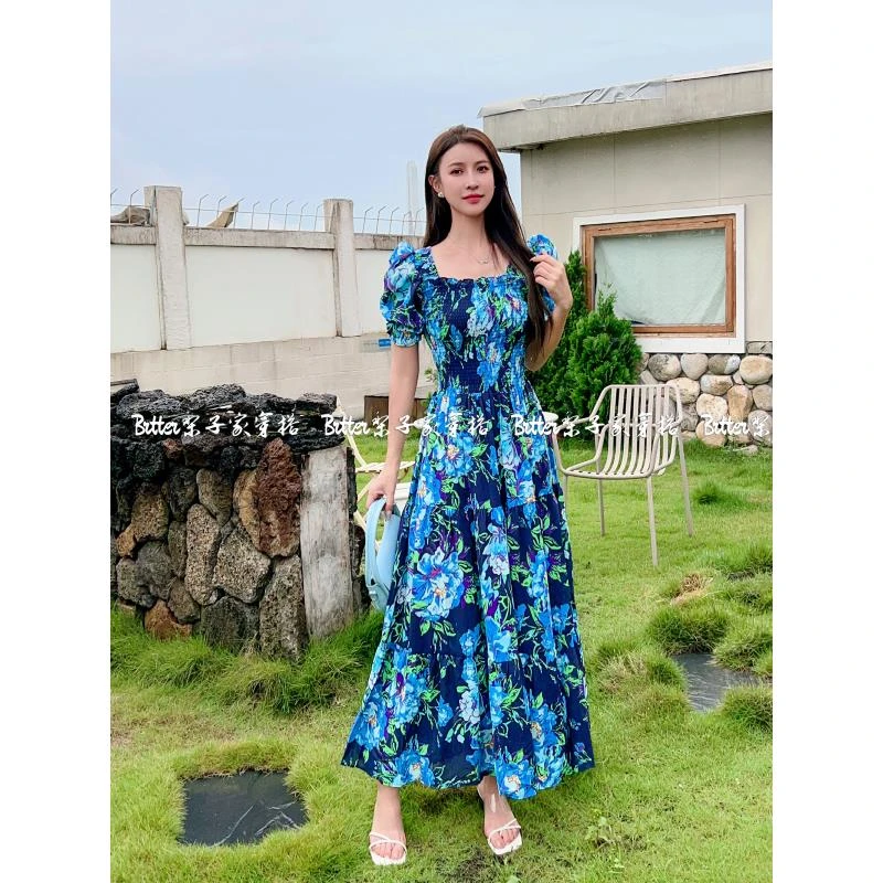 【816】新款气质收腰泡泡袖一字肩印花碎花连衣裙长裙