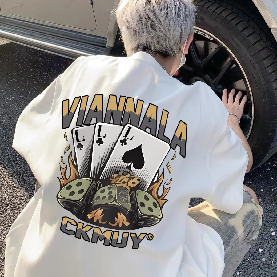 100%纯棉重磅短袖t恤夏男装潮酷创意扑克印花宽松半袖男女同款RT4