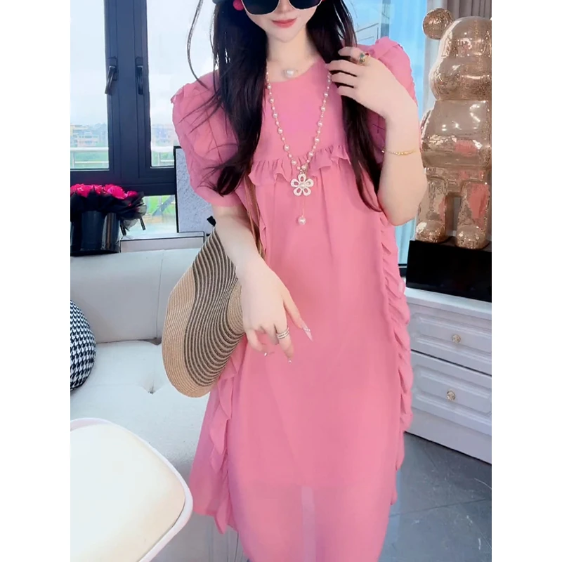 法式木耳边拼接短袖连衣裙2025设计感系带镂空遮肉显瘦中长裙0995