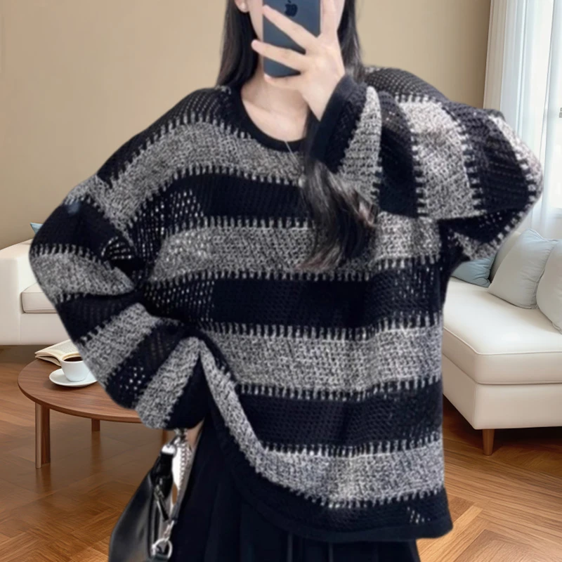 慵懒风撞色休闲针织衫女2025早秋新款宽松大码条纹长袖毛衣外套女