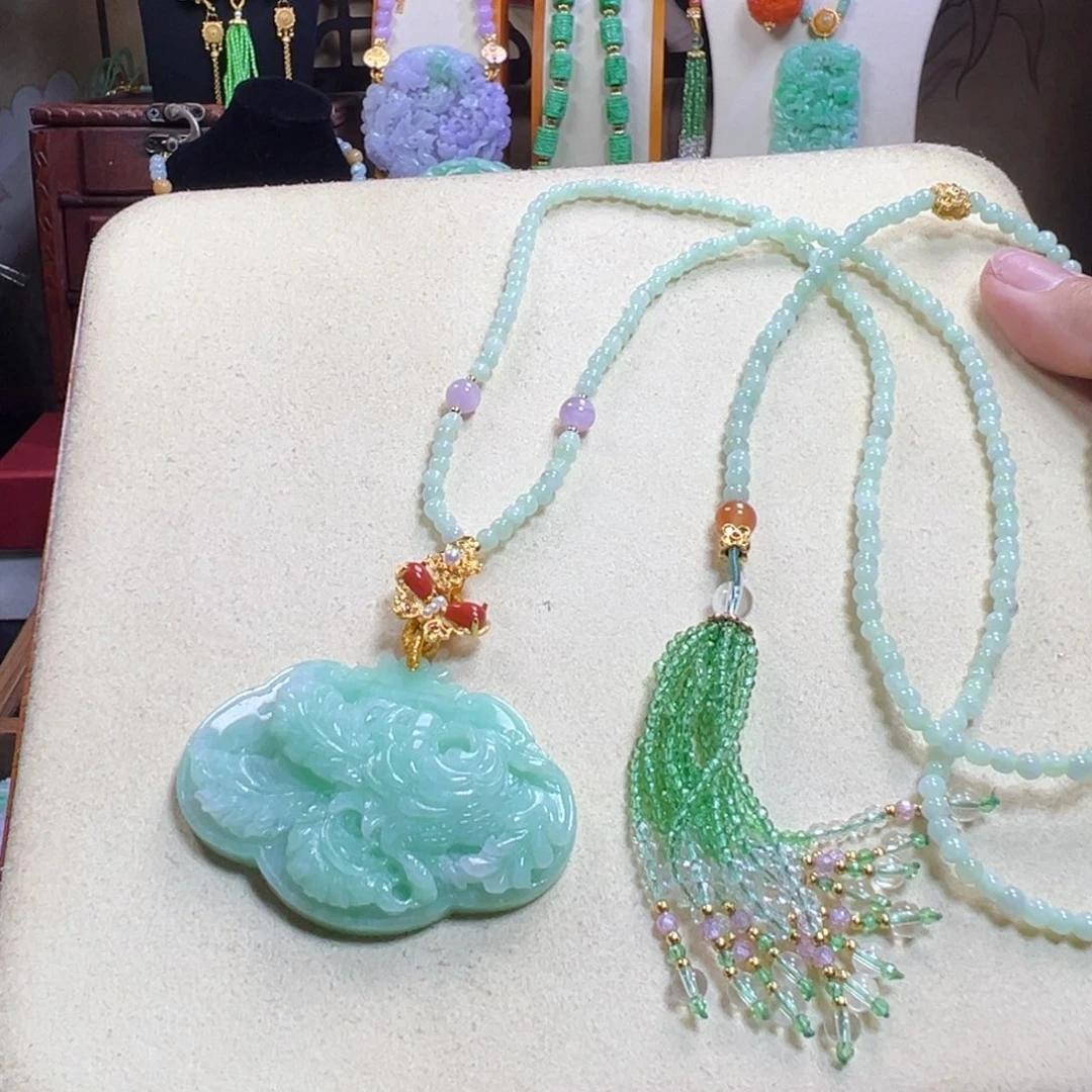 翡翠未镶嵌毛衣链冰绿凤凰