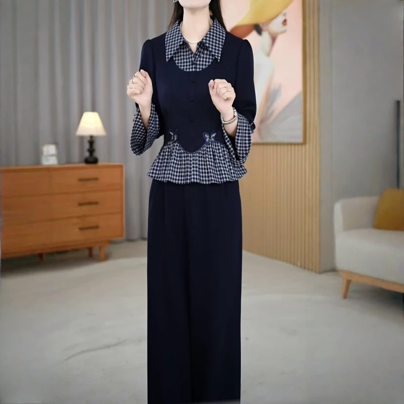 时尚休闲套装女秋季新款气质显瘦设计感格子上衣高腰阔腿裤两件套