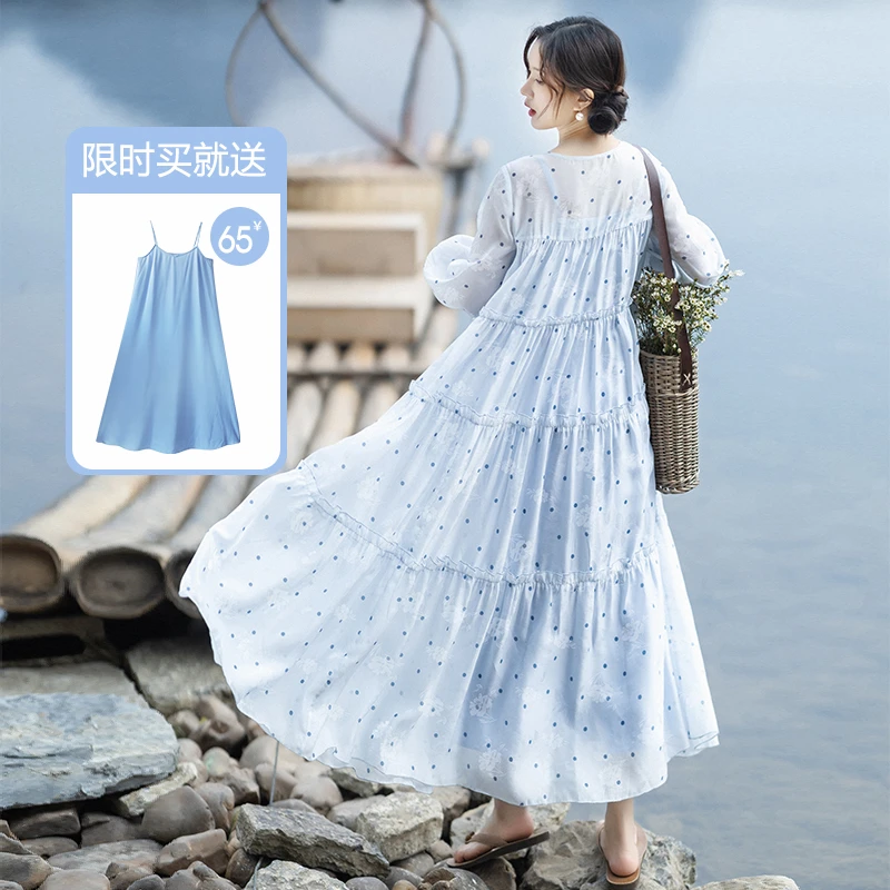 【凝纱浅梦】文艺蓝波点印花连衣裙女2025夏季新款浪漫飘逸蛋糕裙
