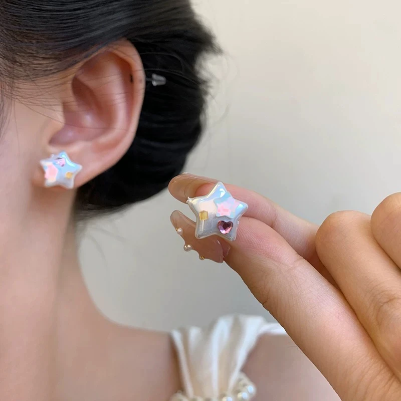 铜合金耳饰 彩色爱心星星耳钉女多巴胺甜美耳环气质百搭耳饰E1694