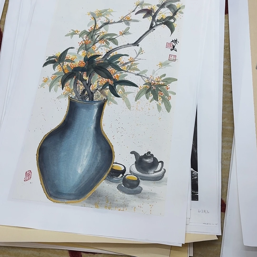 国画四尺三开手绘作品