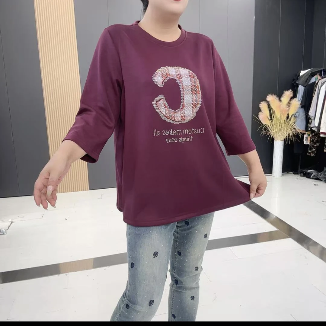 1757梵*大码时尚七分袖风印花字母圆领T恤中长款重工大版上衣